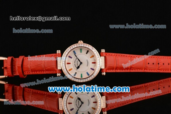 Franck Muller Ronde Miyota Quartz Rose Gold Case with Colorful Stick Markers Diamond Bezel and Red Leather Bracelet - Click Image to Close